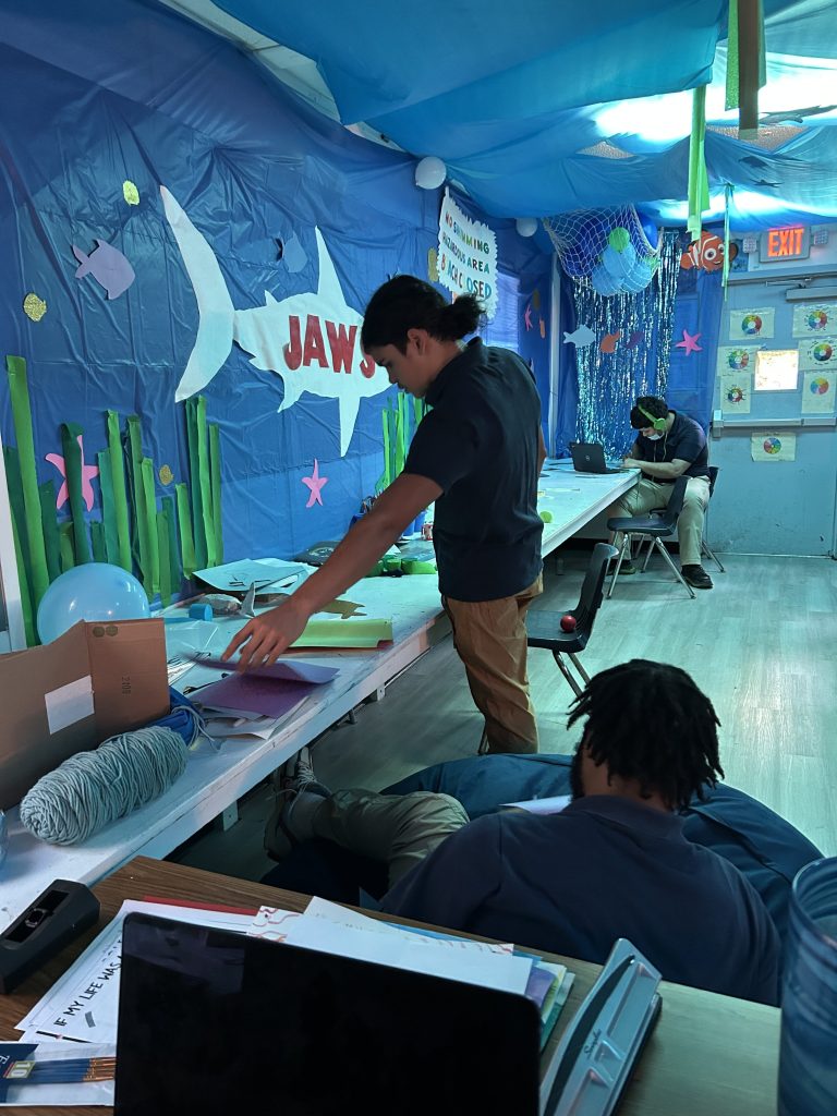 Underwater-themed classroom planning for Excel Academy Shark Week project