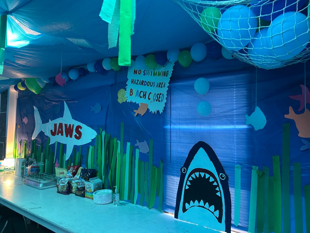 Underwater-themed classroom decorated for Excel Academy Shark Week project