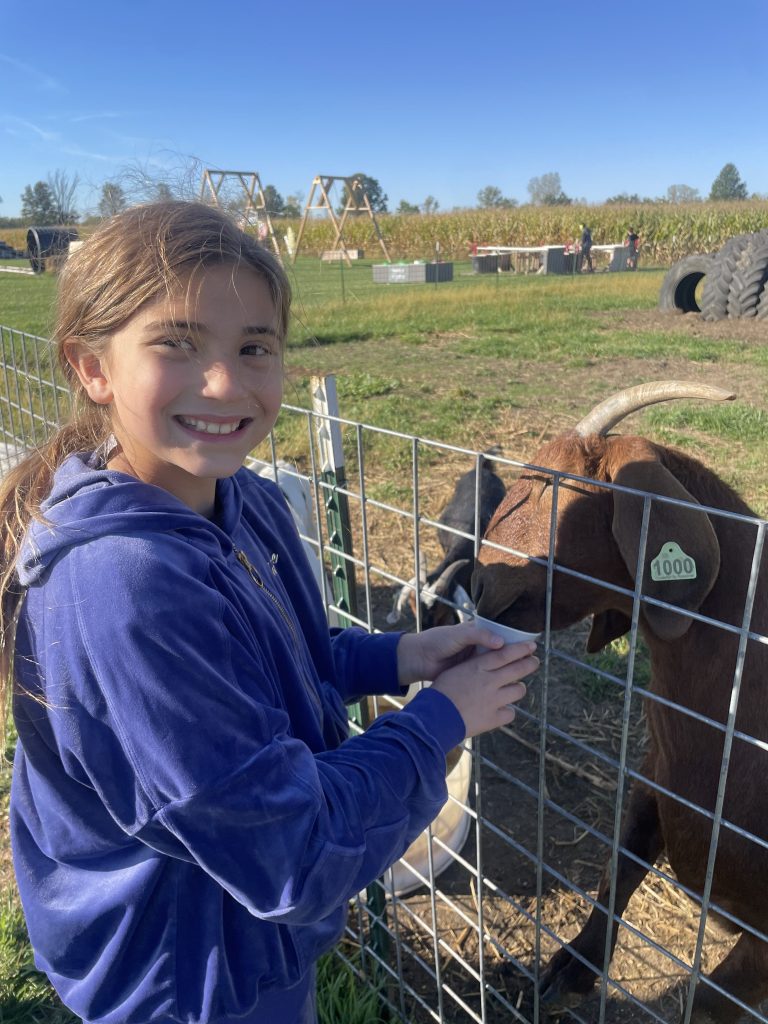 Student pets a farm animal during the High Road School of Bucyrus field trip at The Pickwick Place, enjoying hands-on outdoor learning.