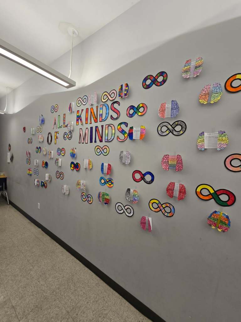 Exposición mural «All Kinds of Minds» con ilustraciones de cerebros y símbolos del infinito