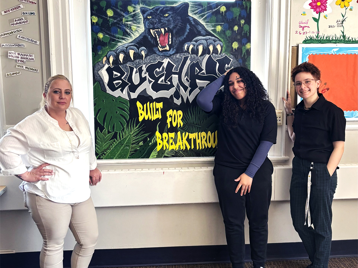 Student artwork panel featuring black panther for Buehrle Academy mural