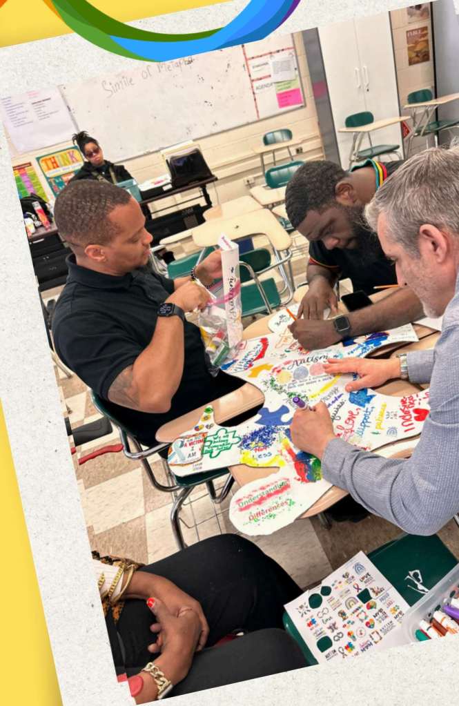 Students and staff participating in Autism Awareness Month activities at Excel Academy