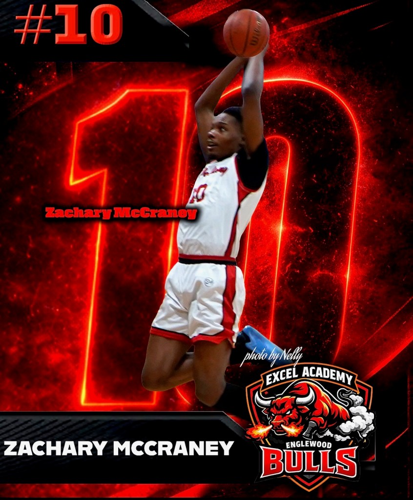 Basketball graphic featuring an Excel Academies player Zachary Mccraney in a dunking pose designed like a promotional sports card