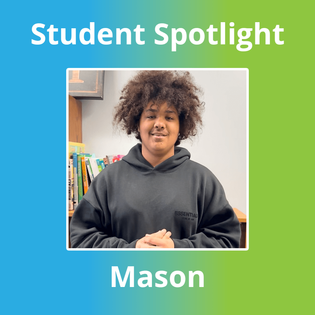 Student Mason posing in a classroom at High Road School of Naperville