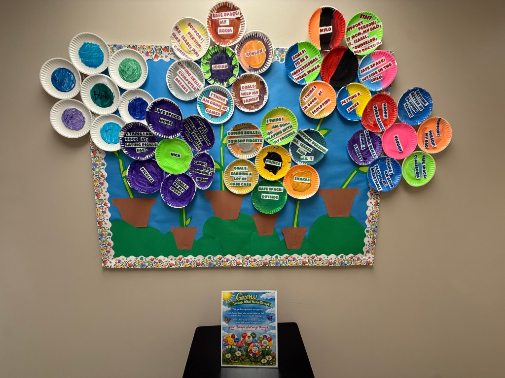 Wall display of student art with paper flowers and sign reading grow through what you go through