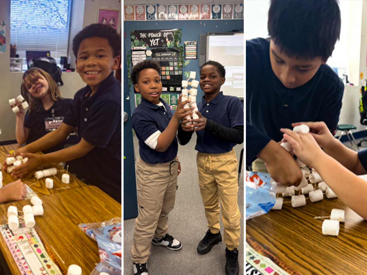 Students take part in a teamwork problem solving activity, building towers