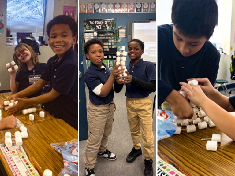 Students take part in a teamwork problem solving activity, building towers