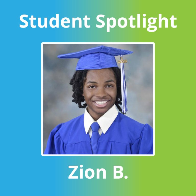 Zion B in cap and gown celebrating graduation at High Road Academy