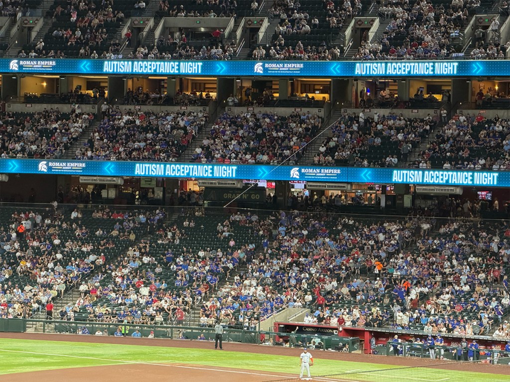 Autism Acceptance Night signage lights up digital billboards around Chase Field during the Arizona Diamondbacks game.