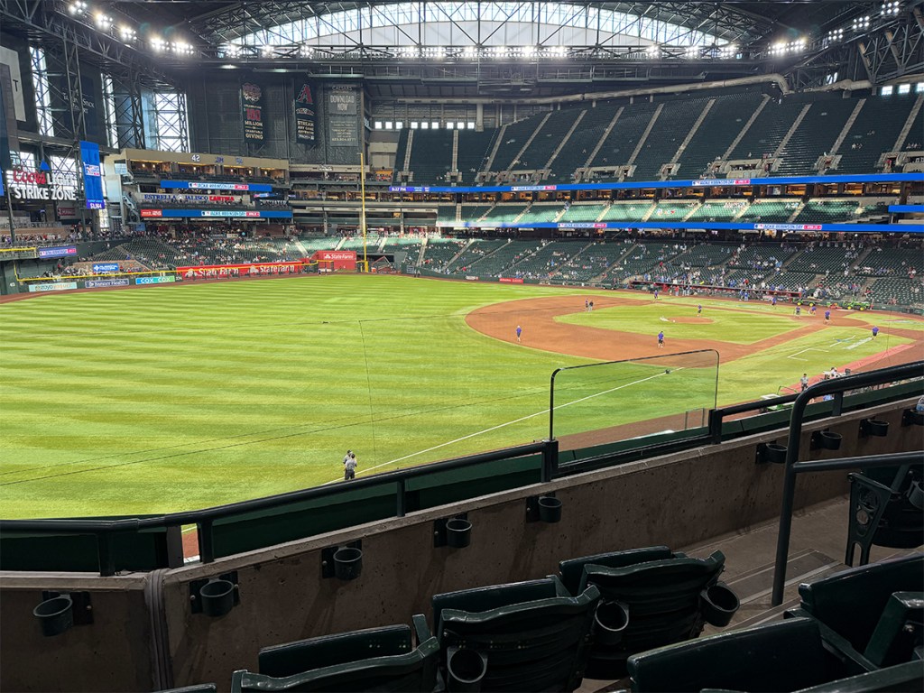 Wide view of the baseball field at Chase Field during Arizona Diamondbacks Autism Acceptance Night.