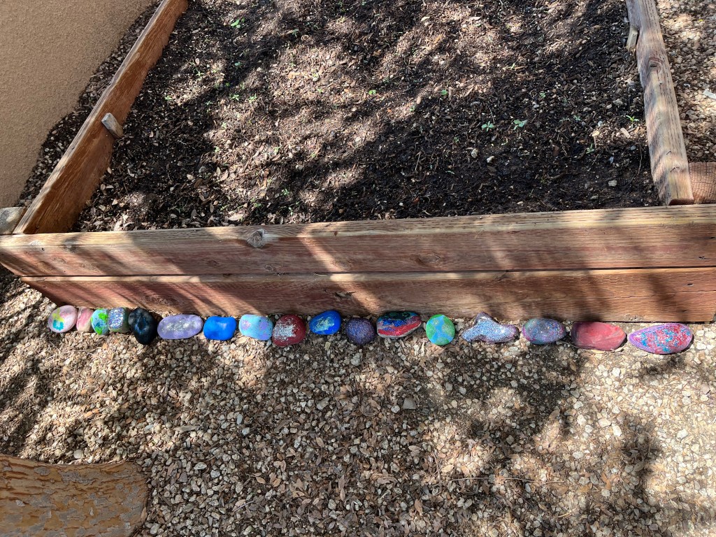 Painted and glitter-covered decorative rocks displayed outdoors near a planter box during Earth Day activities at Sierra School of Scottsdale.