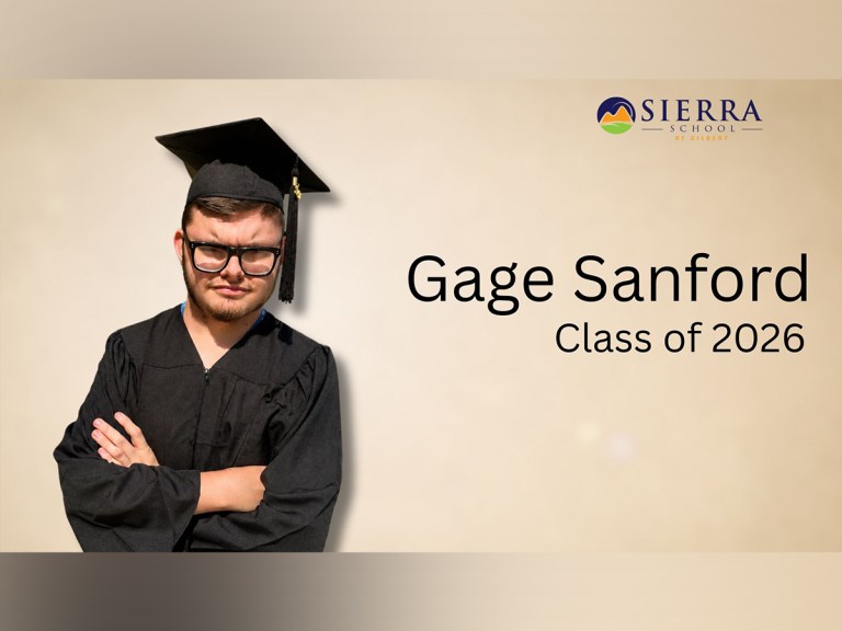 Honors graduate Gage S. posing in graduation cap and gown for Sierra School of Gilbert Class of 2026.