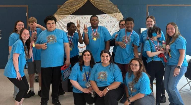 Students and staff from High Road School of Cecil County celebrate after earning first place honors at the Mid-Atlantic Transition Olympics.