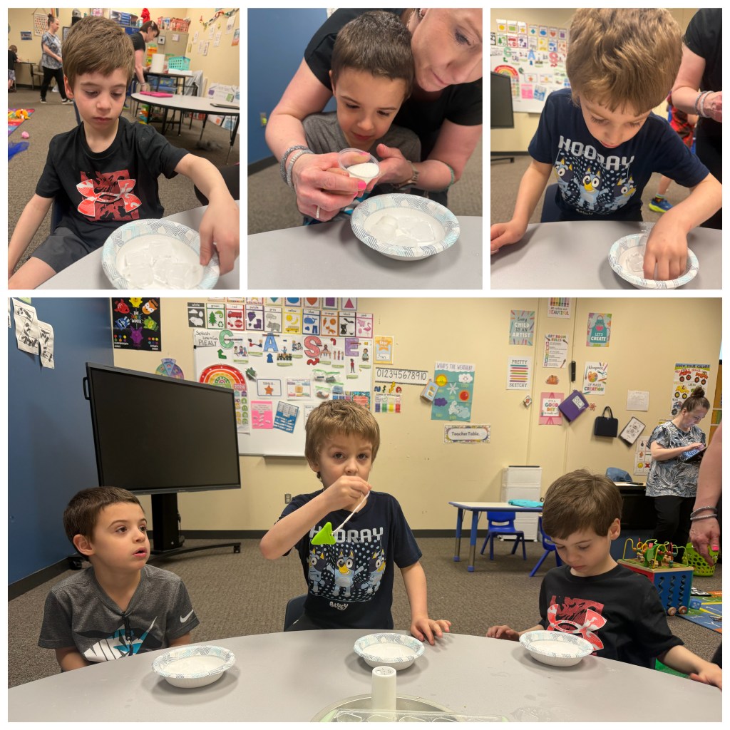 Collage of students participating in a science experiment with ice cubes and salt during hands-on science fair projects at Graham Academy.