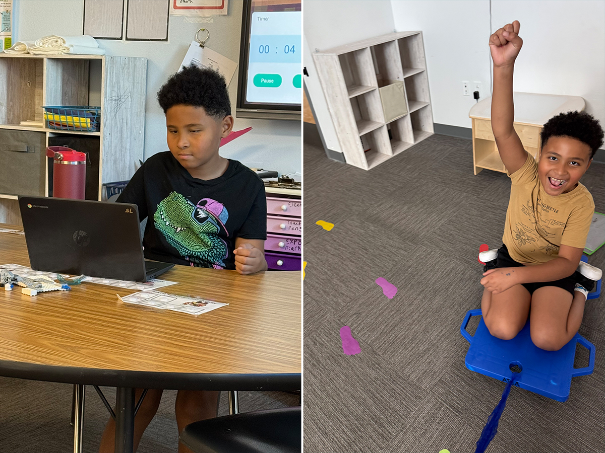 Twin brothers from Sierra School of Gateway shown side by side smiling in a classroom collage photo.