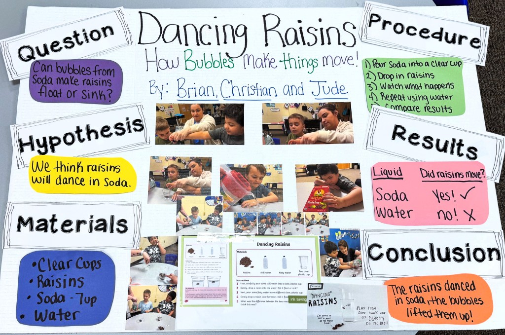 Student science fair poster featuring the “Dancing Raisins” experiment with photos and handwritten notes.