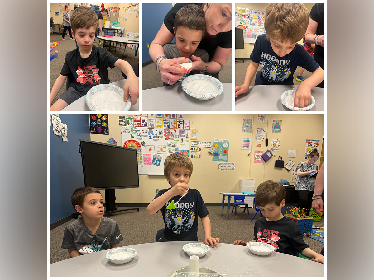 Collage of students participating in a science experiment with ice cubes and salt during hands-on science fair projects at Graham Academy.