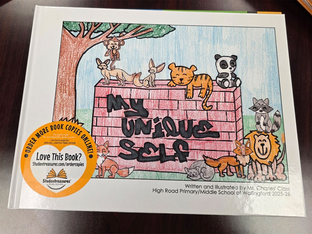 Close-up of the My Unique Self published student book created by students at High Road School of Wallingford.