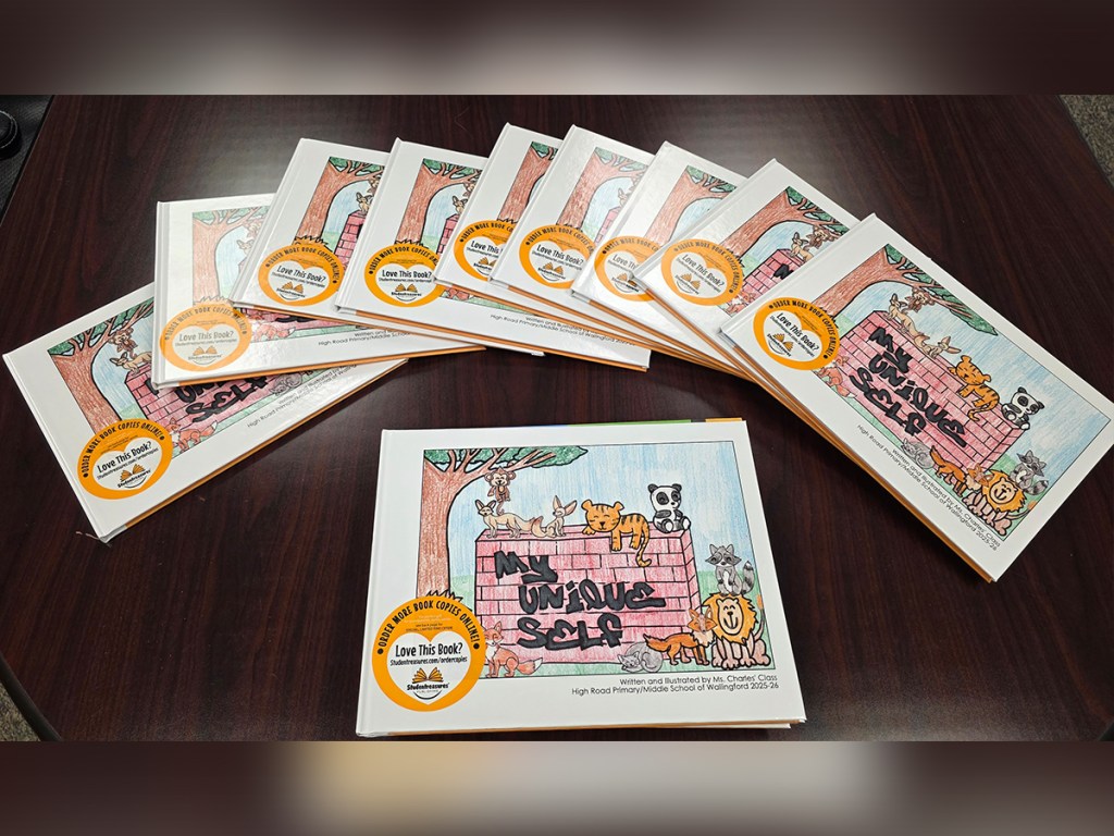 Multiple copies of the My Unique Self student book displayed on a classroom table at High Road School of Wallingford.