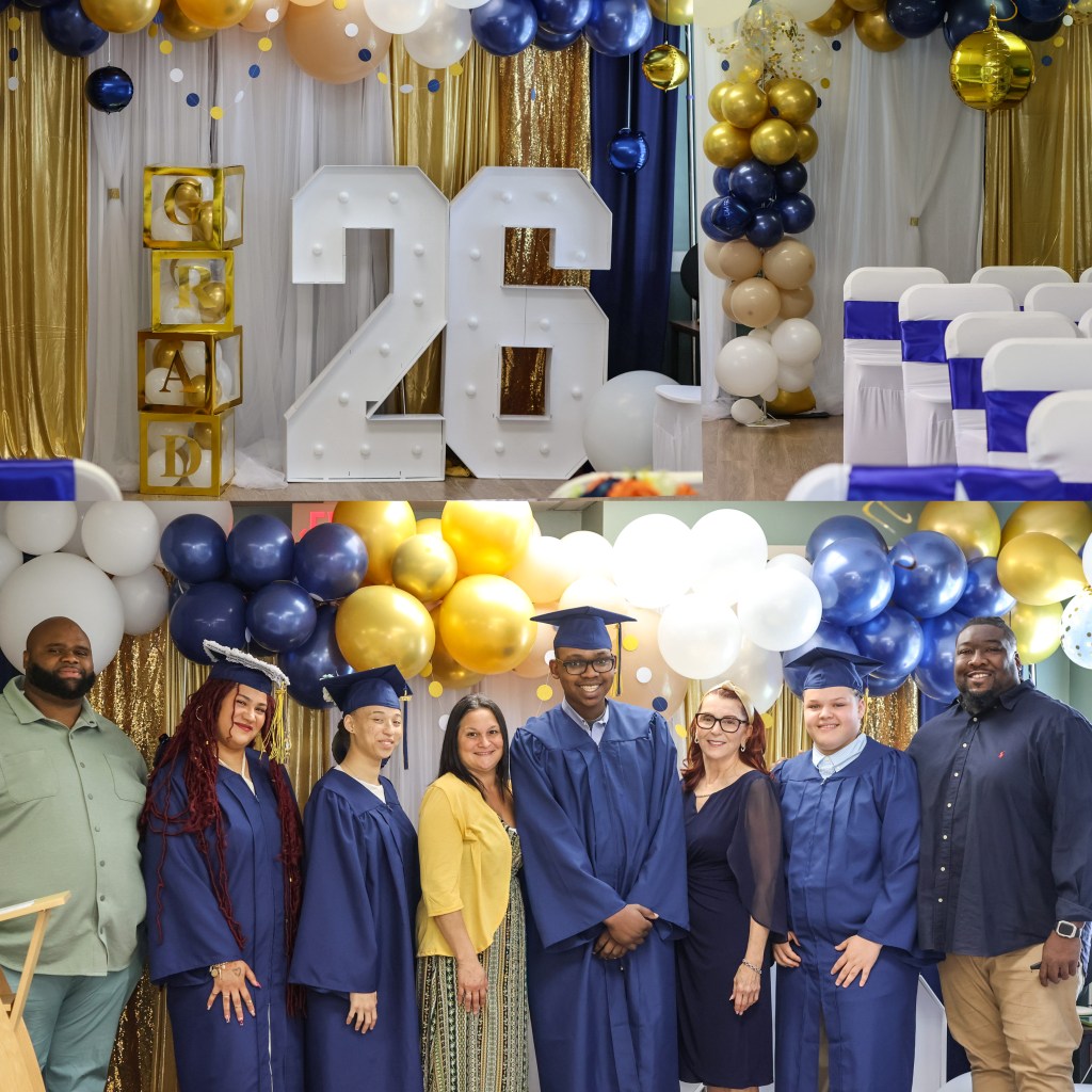 Graduating seniors, school staff and supporters pose for a group photo during the High Road School of Massachusetts Class of 2026 celebration.