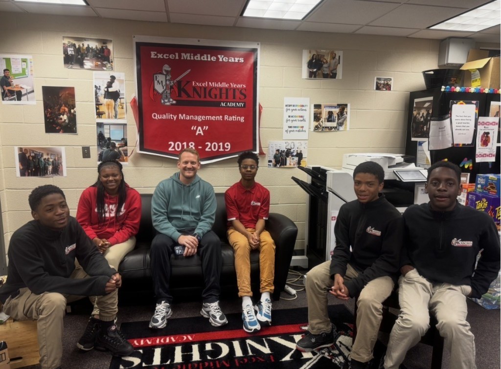 Mike Morak sits with students at Excel Middle Years Academy during a Final Word Campaign discussion about leadership, career pathways and personal growth.