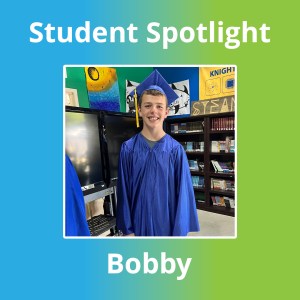 Bobby smiles in his graduation cap and gown at High Road School of Naperville after stepping outside his comfort zone and embracing new opportunities.