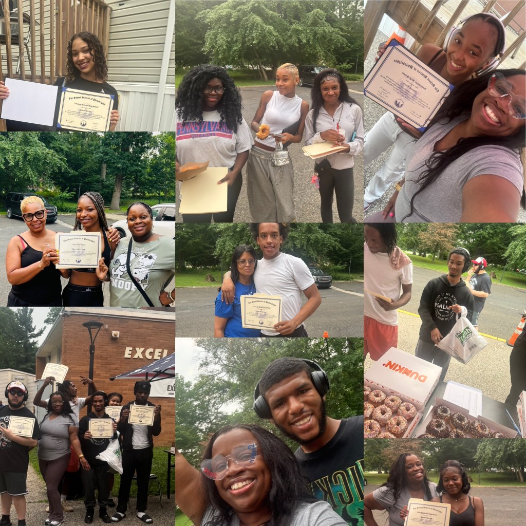 Collage de graduados, personal y familiares de Filadelfia celebrando con sus títulos y donuts.