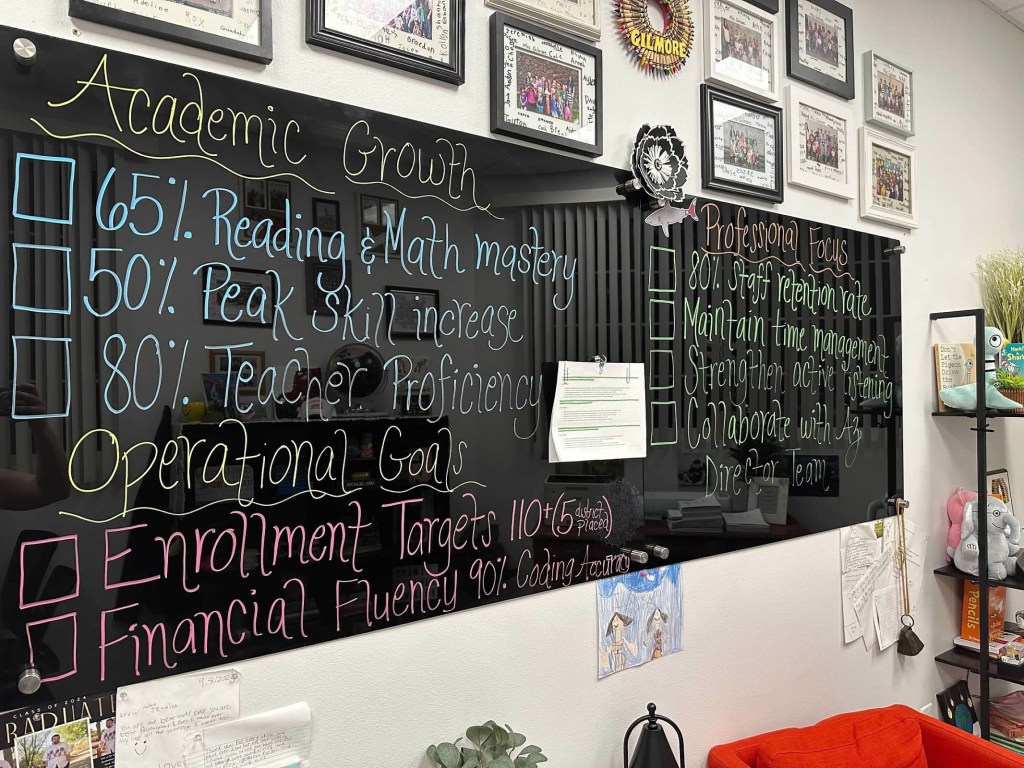 Goal board highlighting academic growth, enrollment targets and professional focus areas at Sierra Schools of Arizona.