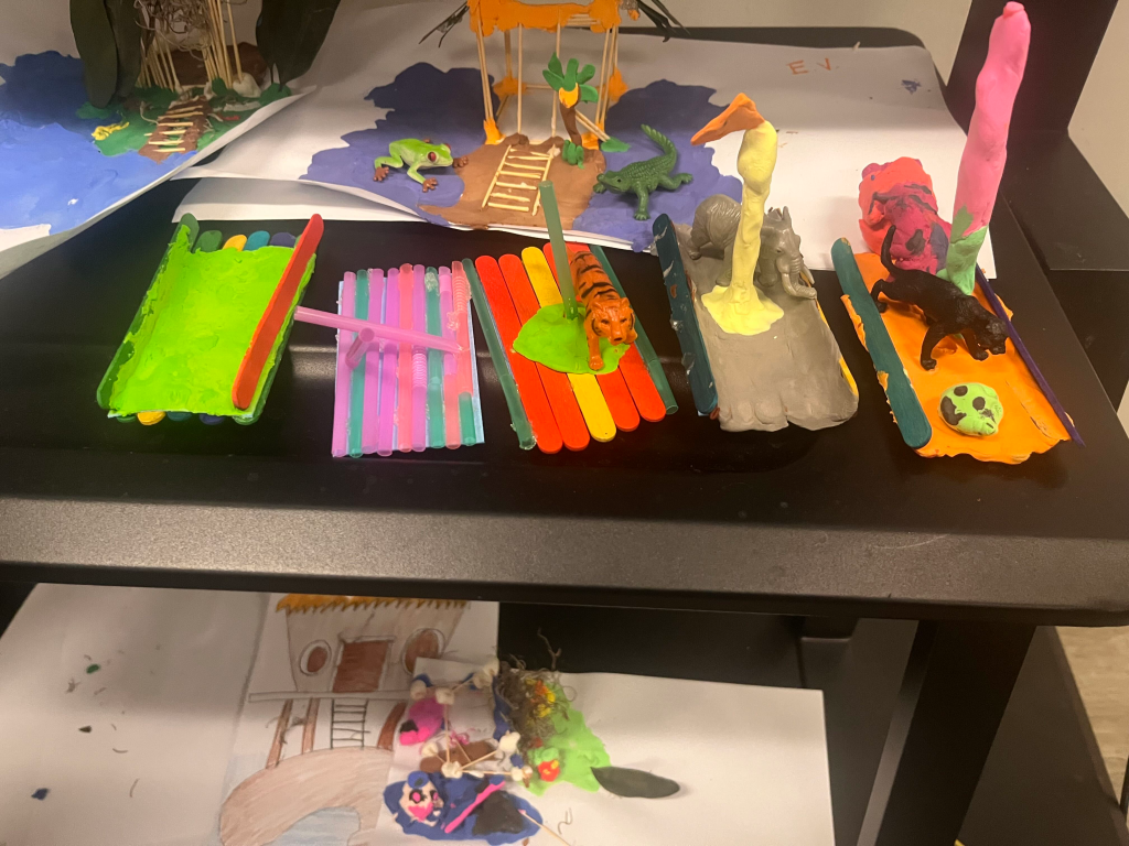 Student-created rafts and island projects displayed as part of the ESY Survivor Series challenge.
