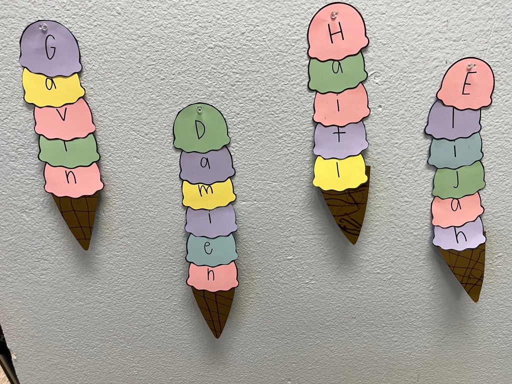 Ice cream scoop classroom display showing student names as part of an end-of-summer celebration activity.