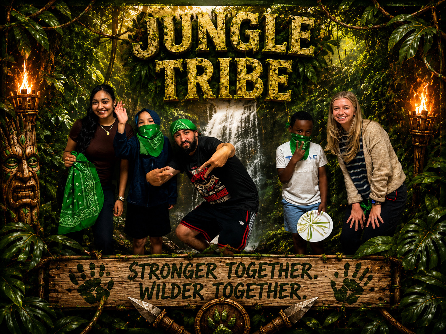 Los alumnos y el personal que representan a la tribu verde «Jungle Tribe» posan juntos tras completar los retos por equipos.