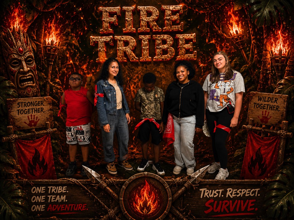 Los alumnos y el personal que representan a la «Tribu del Fuego» (de color rojo) posan juntos durante la actividad escolar inspirada en el programa «Survivor».