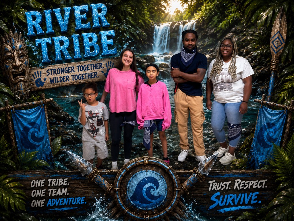 Los alumnos y el personal que representan a la tribu Blue River celebran el trabajo en equipo durante las pruebas de «Survivor».