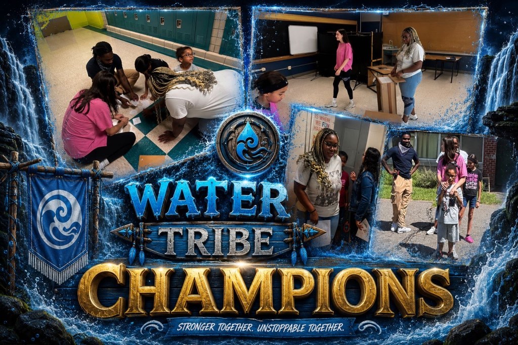 Collage de los campeones de la Tribu del Agua en el que aparecen alumnos y personal participando en los retos por equipos de «Survivor».