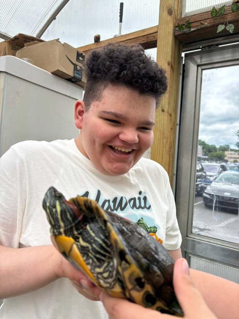 Un alumno sonríe mientras observa a una tortuga en el marco de una actividad de aprendizaje práctico en The Graham Academy.