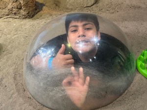 Un alumno de la escuela High Road sonríe y levanta el pulgar mientras mira a través de una burbuja de observación del acuario.