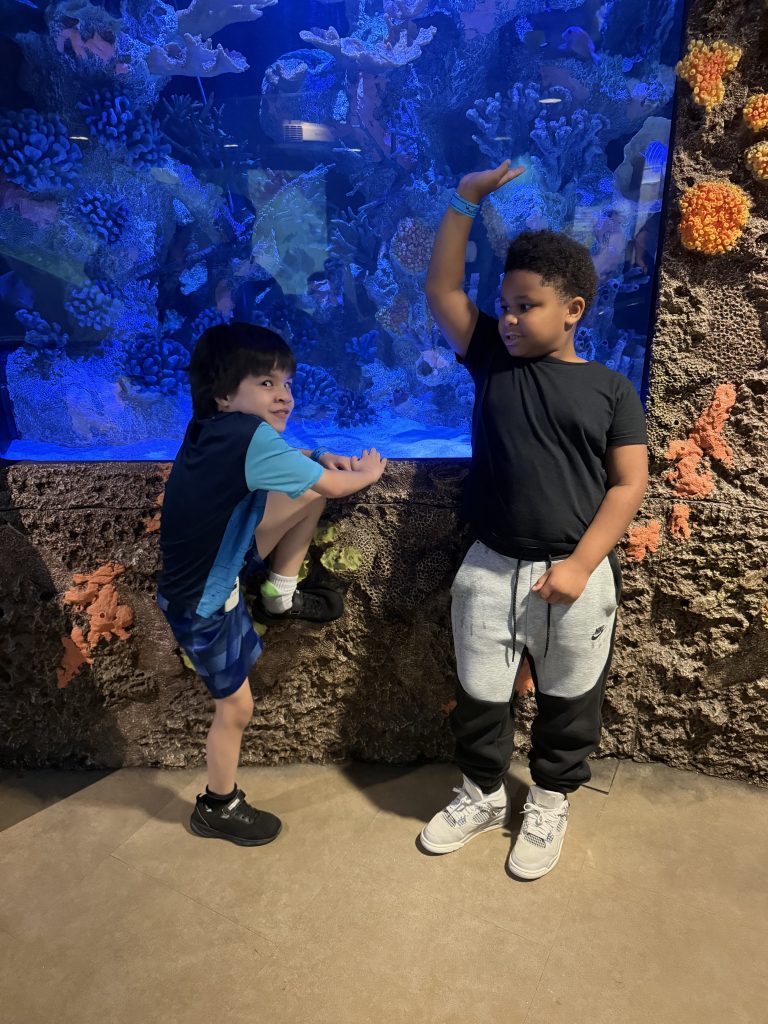 Two High Road School students explore a colorful coral reef aquarium exhibit together.