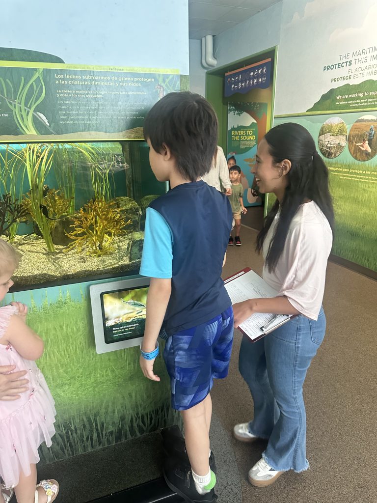 High Road School student and staff member explore an interactive marine habitat exhibit during the aquarium visit.
