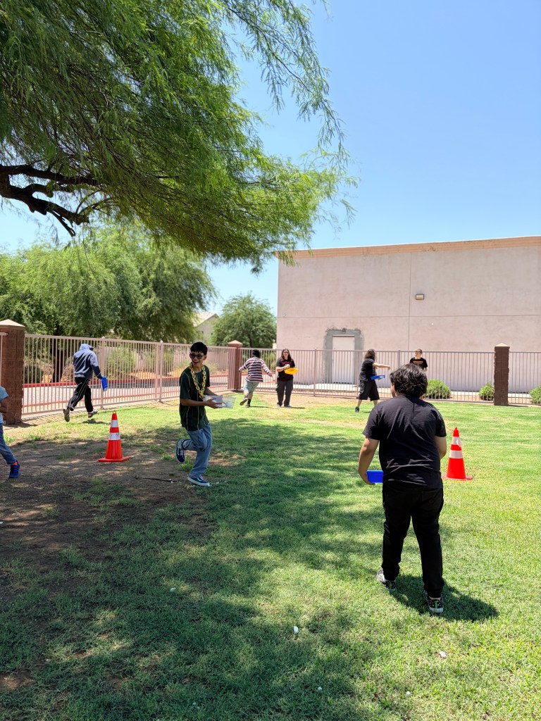 Students and staff prepare for a snowball fight on the Sierra School of Gilbert campus.