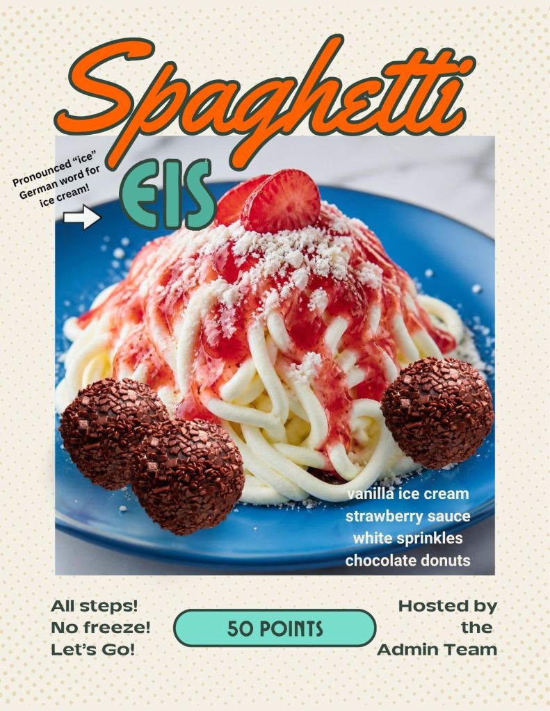 Spaghetti ice cream event graphic showing vanilla ice cream noodles with strawberry sauce, white sprinkles and chocolate donut holes.
