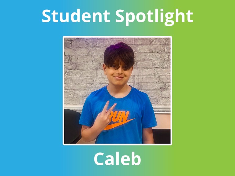 Caleb, a sixth-grade student at High Road School of Fairfield County, smiling beneath a coffee sign.