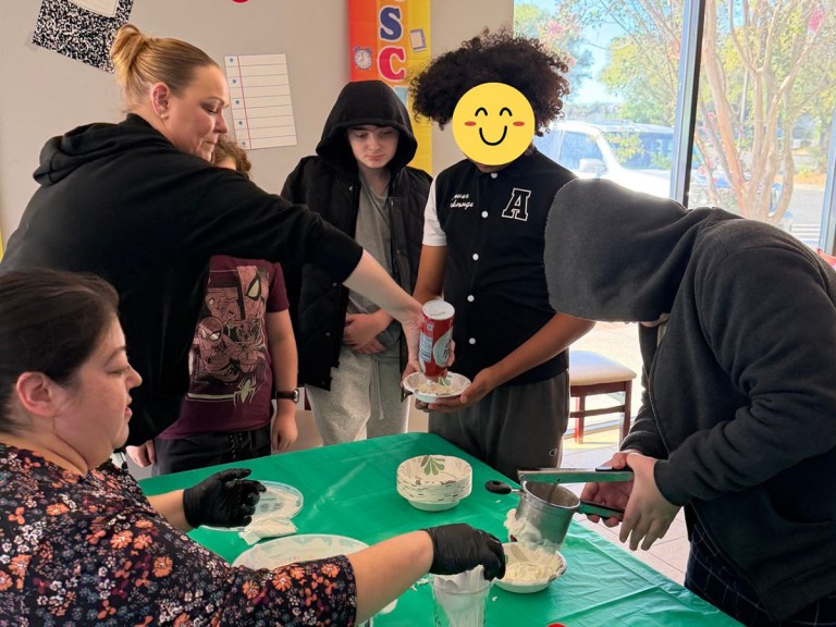 Sierra School of Solano County students and staff prepare spaghetti ice cream together during the Quarterly Admin Event.