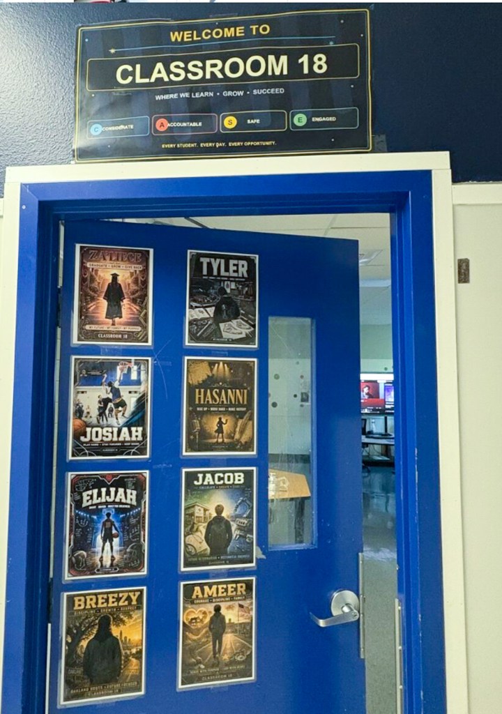 Classroom entrance at Sierra School of Sacramento decorated with personalized student posters.