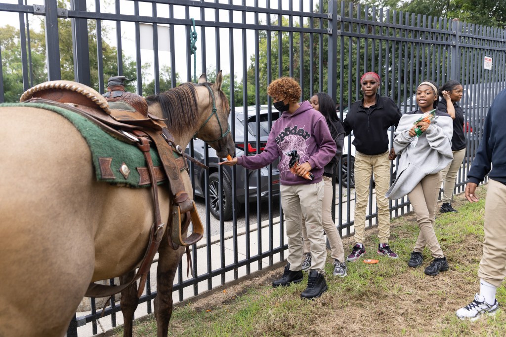 Alumnos de Achieve Academy East dando zanahorias a un caballo durante una visita de los Concrete Cowboys de Filadelfia.