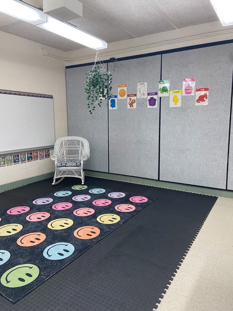 Early childhood special education classroom at High Road School of the South Suburbs with a colorful rug and learning visuals.