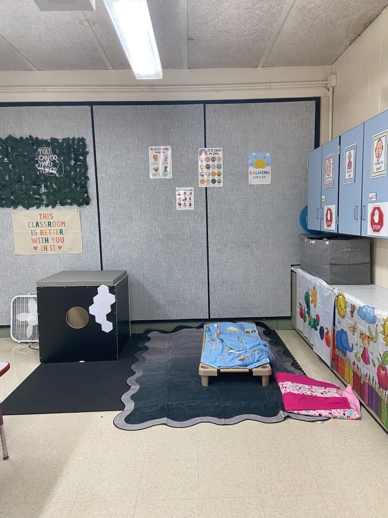 Calming corner in the High Road School of the South Suburbs early childhood classroom with sensory and regulation supports.