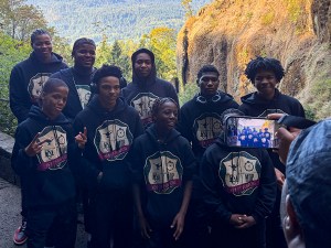 Men of Purpose students, including members of the Excel Academy of Englewood community, posing together during their Portland trip.