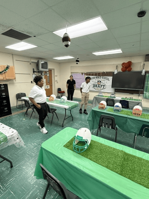 High Road School of Belvidere students participating in a football-themed classroom activity.