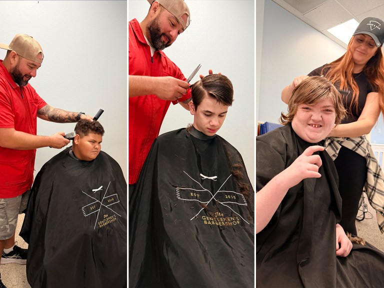 Collage showing Lattice Educational Services students receiving Picture Day haircuts from visiting barbers on campus.