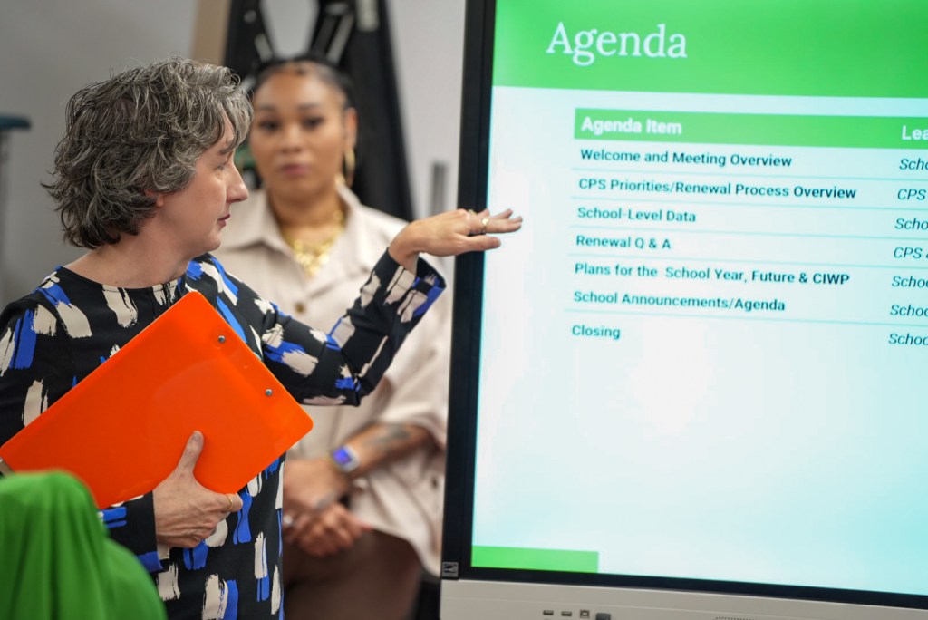 School leaders reviewing the State of the School Address agenda and CPS renewal process.